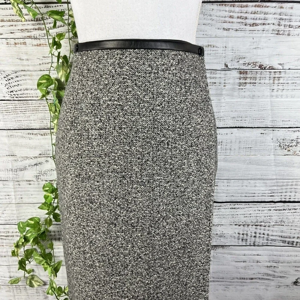 Worth Skirt size 4 Black Gray Wool Tweed Wrap Knee Faux Leather Career Modest